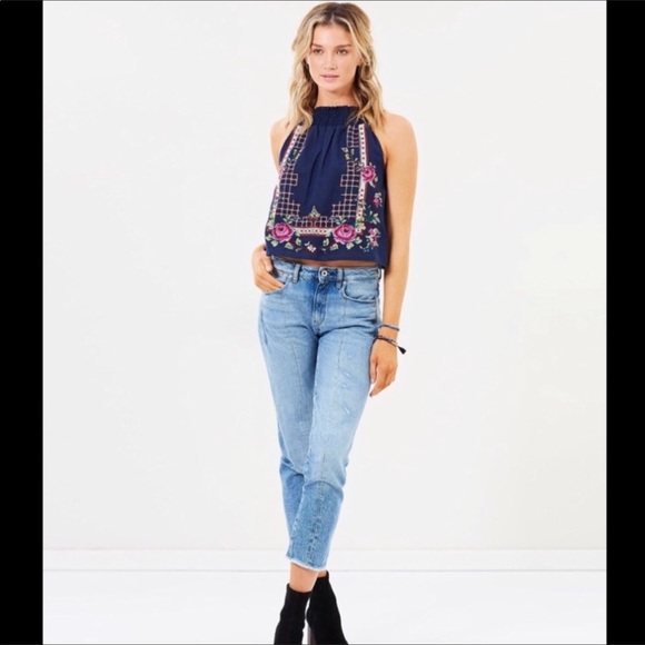 Free People NWT Honey Pie embroidered navy tank - Picture 2 of 8